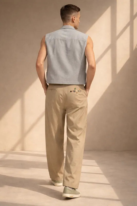 Model wearing Blooming Trousers by Tumulto styled in contemporary artisanal slow fashion outfit