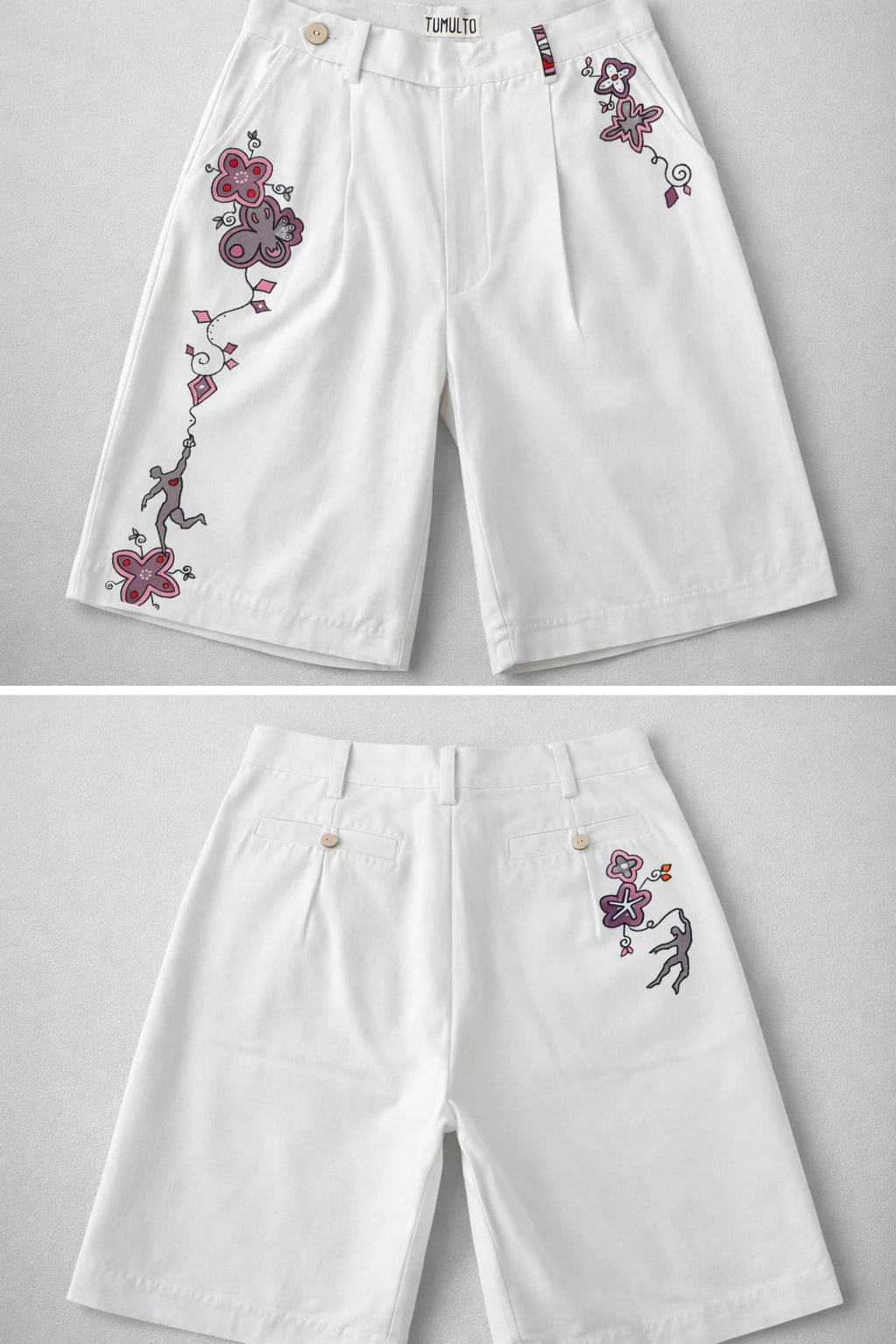 Back view of handmade Flowers Shorts ethical slow fashion design