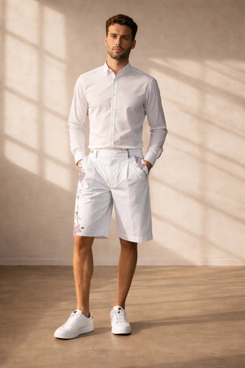 Model wearing handcrafted textured Flowers Shorts sustainable fashion brand Tumulto
