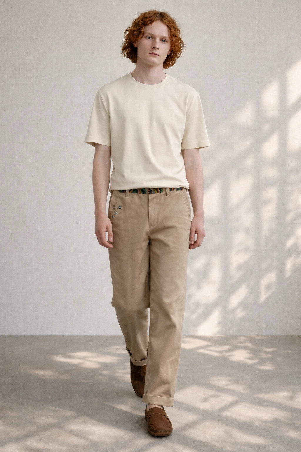 Textured green chinos sustainable handmade clothing Tumulto artisanal menswear