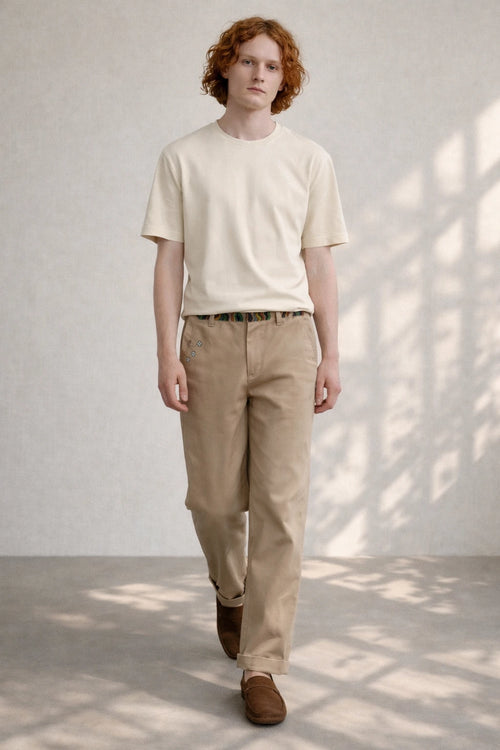 Textured green chinos sustainable handmade clothing Tumulto artisanal menswear