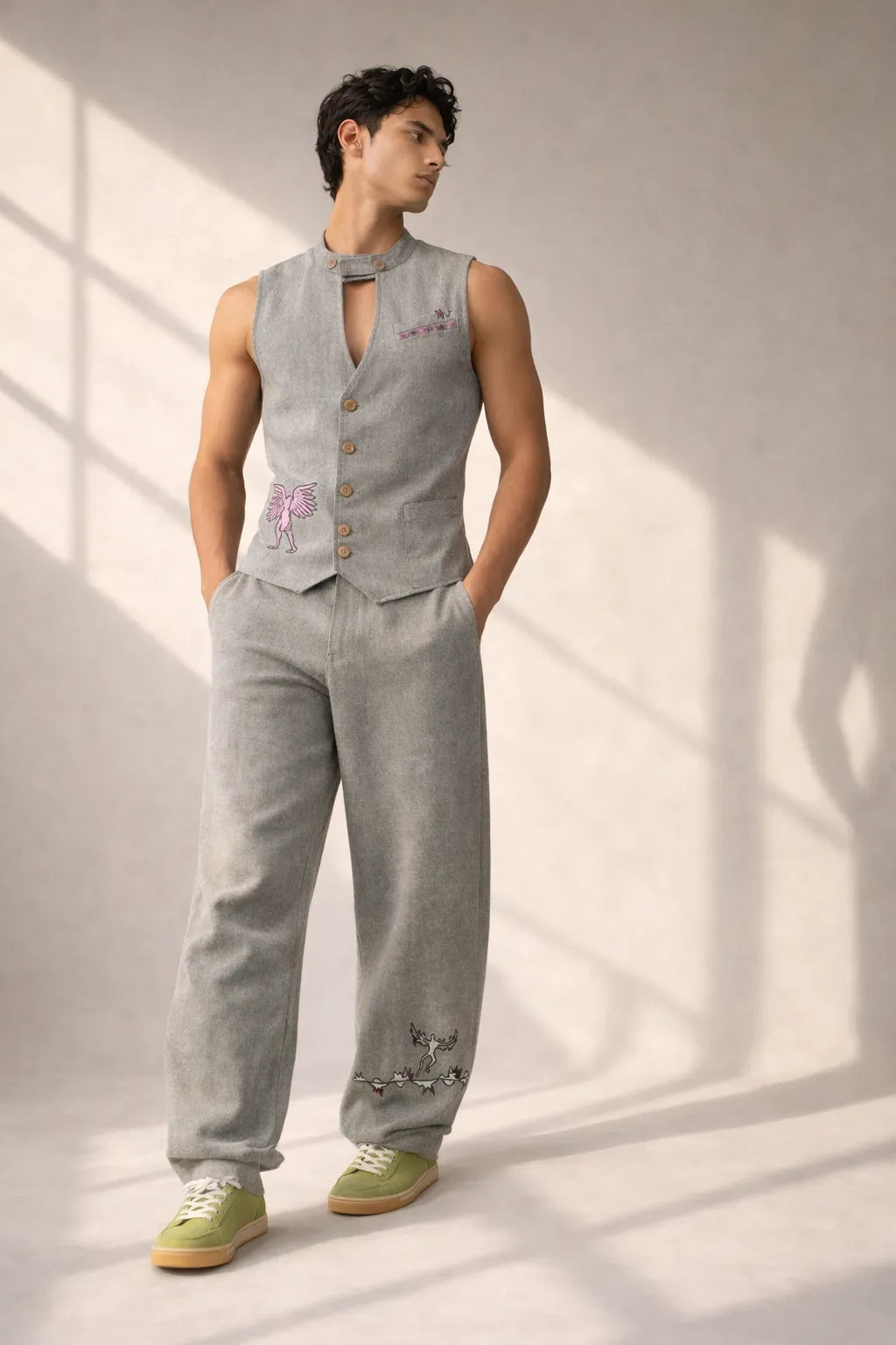 Icarus trousers textured artisanal fashion Tumulto