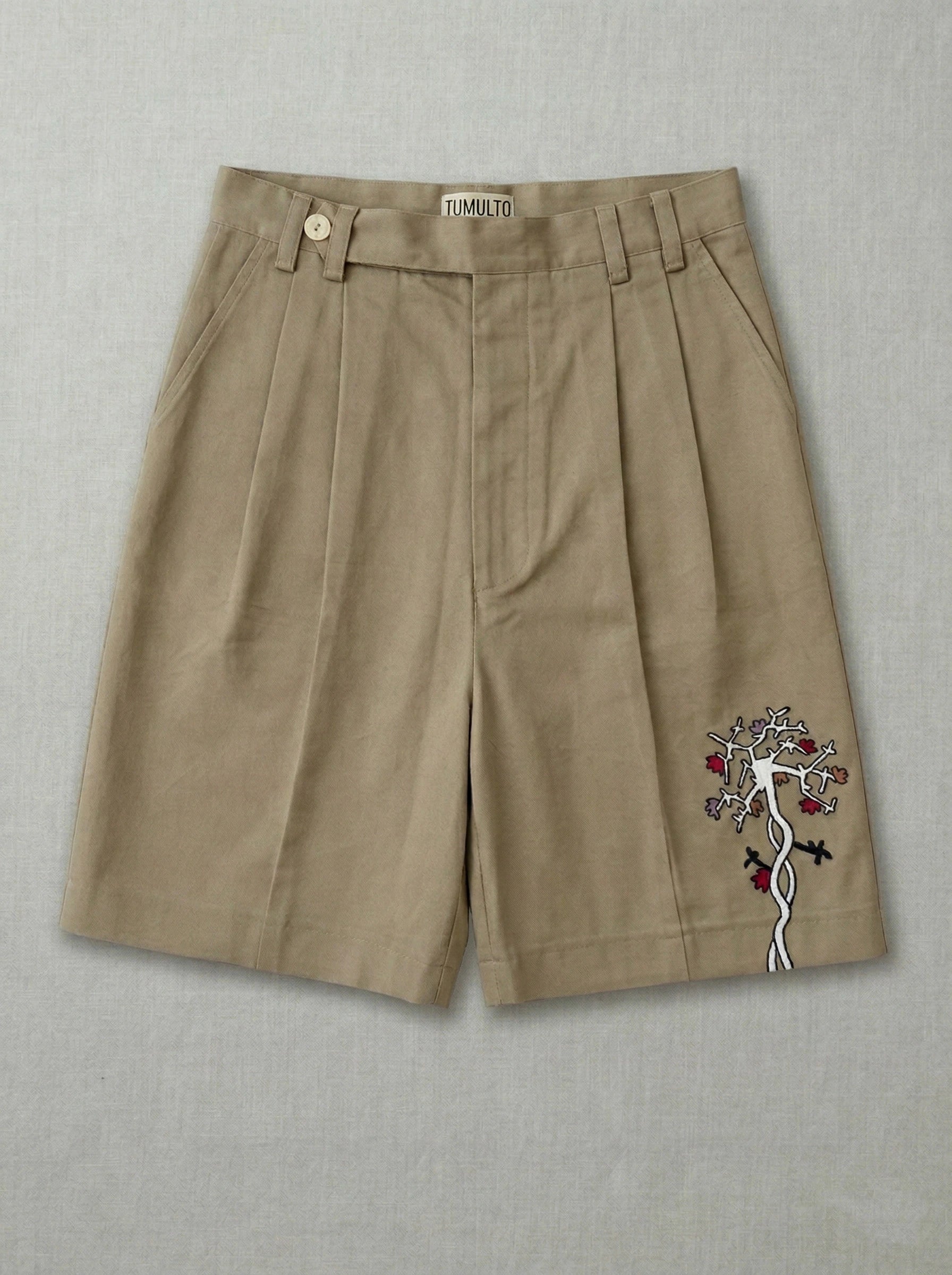 Handmade textured Tree Shorts crafted from sustainable materials by Tumulto artisanal fashion brand