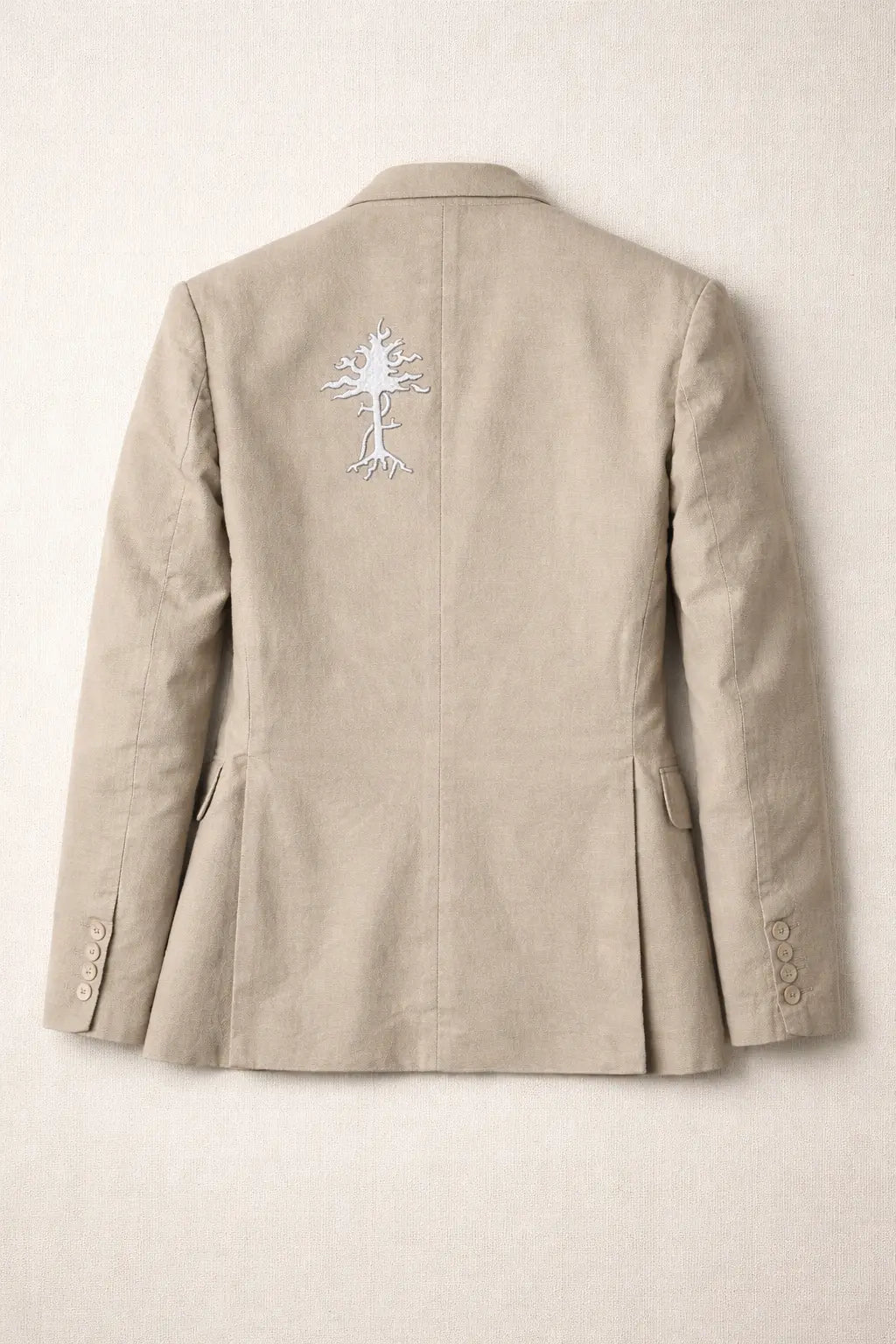 Back view of handmade Tree Blazer showcasing unique textured garment design