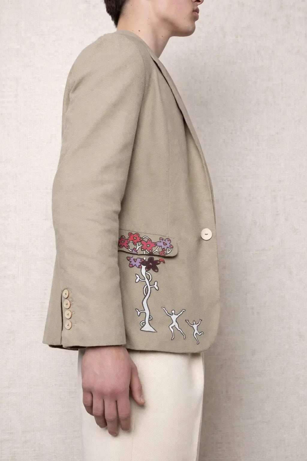 Close-up of textured fabric used in handcrafted Tree Blazer artisanal fashion