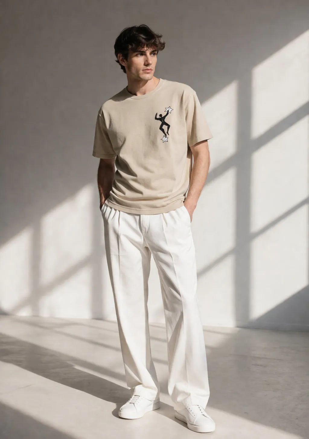 Model wearing handmade artisanal textured T-shirt sustainable fashion brand