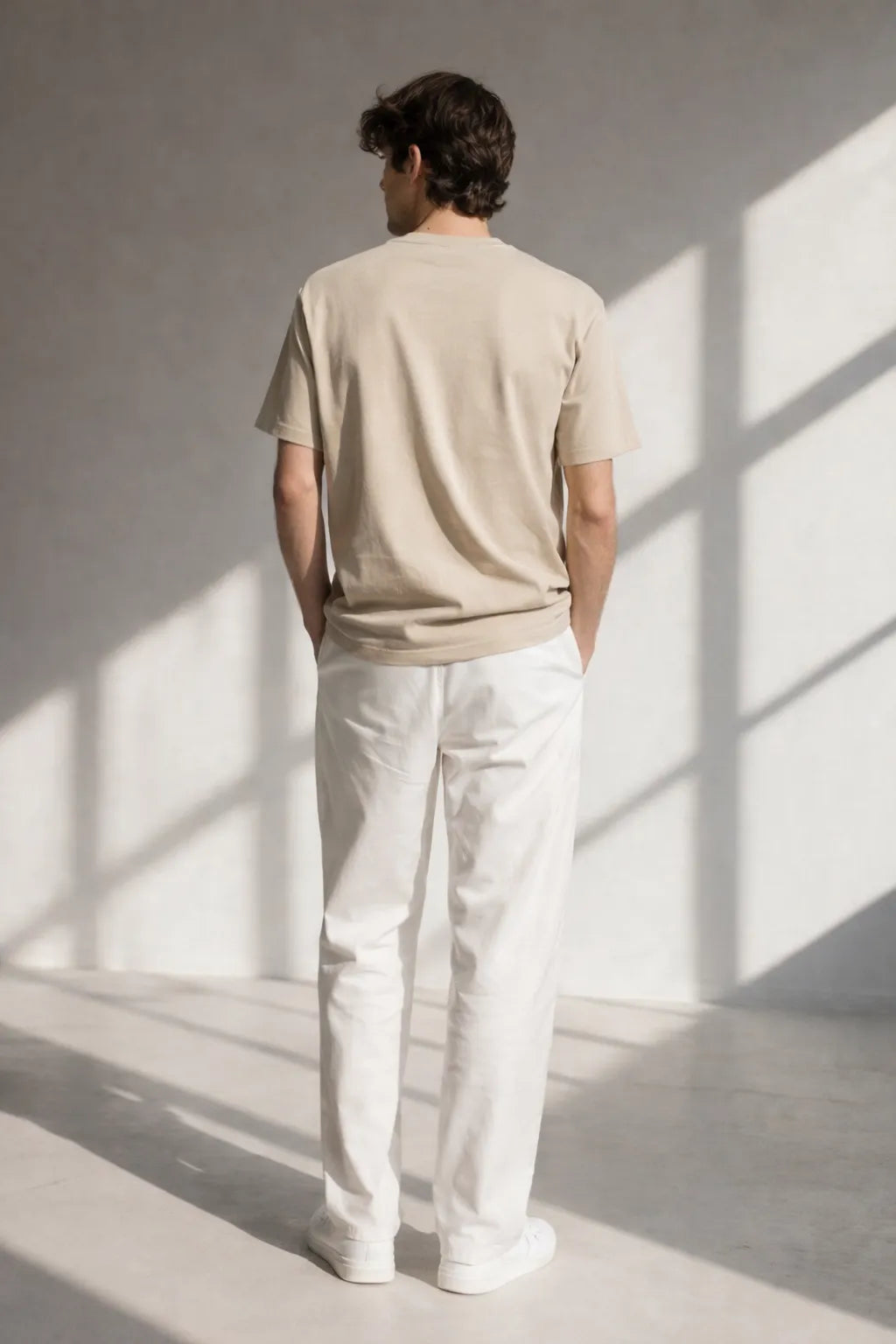 Back view artisanal textured T-shirt crafted from organic materials