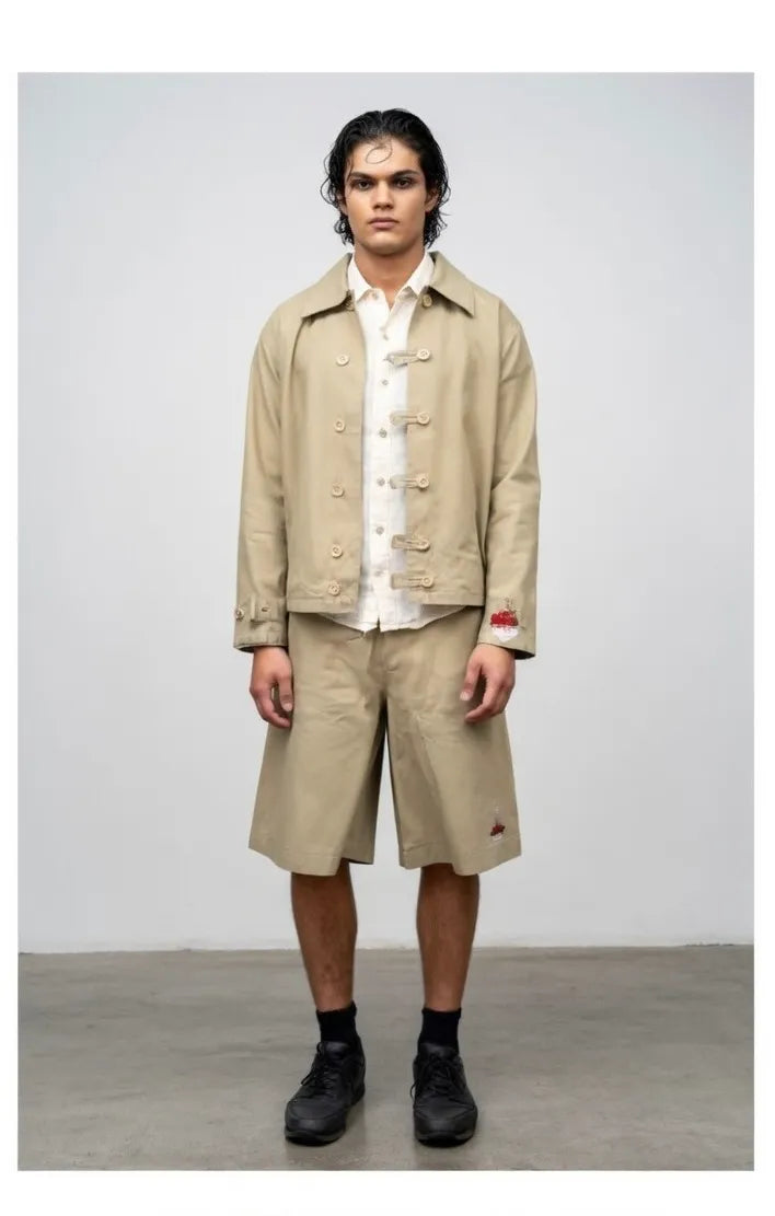 Model wearing Volcano Jacket contemporary artisanal menswear design
